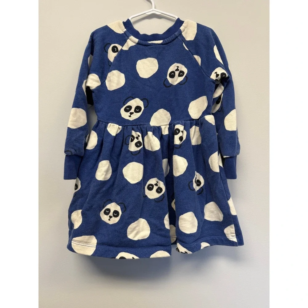 Hanna Andersson Blue Panda Polka Dot Long Sleeve Sweatshirt Dress Kids Size 4